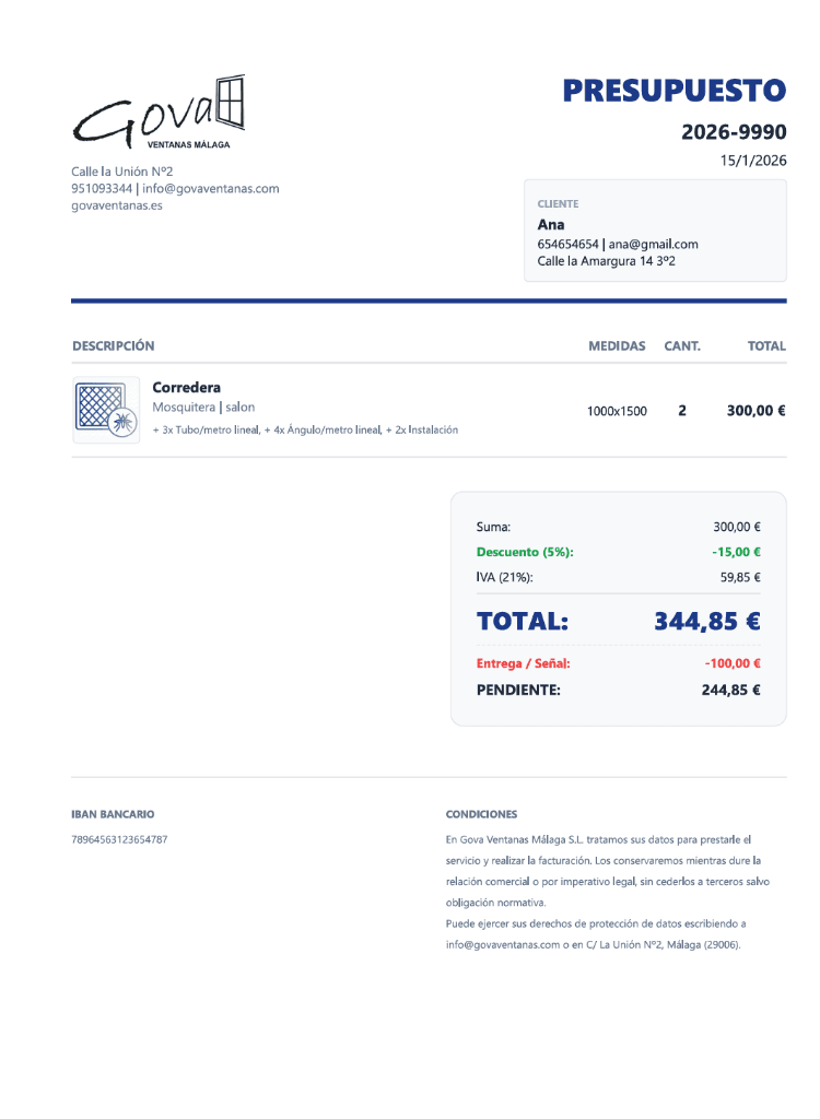 Presupuesto en PDF generado por TuPresuListo, con logo y desglose de precios
