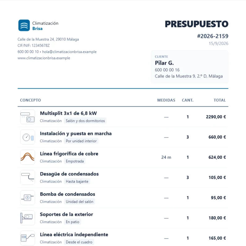 El presupuesto terminado: logo, CIF, dirección y teléfono de la empresa arriba; los datos del cliente al lado; y las siete partidas con su dibujo, su cantidad y su importe.