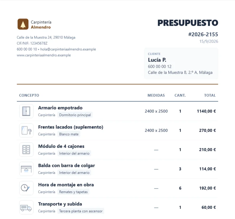 El presupuesto terminado: logo, CIF, dirección y teléfono del taller arriba; los datos de la clienta al lado; y las seis líneas con su dibujo, sus medidas, su cantidad y su importe.