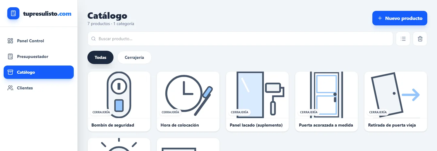 El catálogo de TuPresuListo con productos de cerrajería, cada uno con su dibujo: bombín de seguridad, hora de colocación, panel lacado, puerta acorazada a medida y retirada de la puerta vieja.