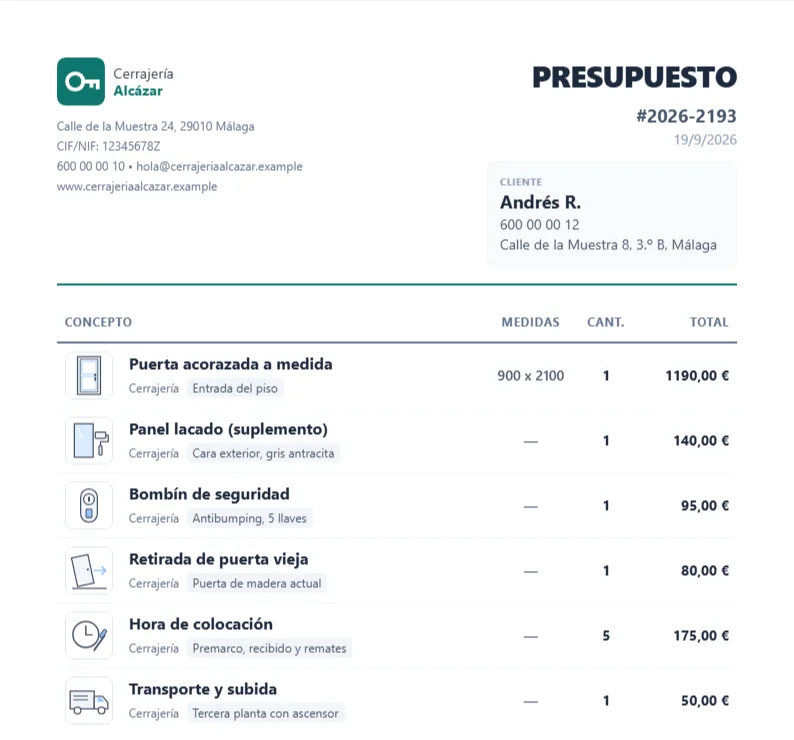 El presupuesto terminado: logo, CIF, dirección y teléfono del taller arriba; los datos del cliente al lado; y las seis líneas con su dibujo, sus medidas, su cantidad y su importe.