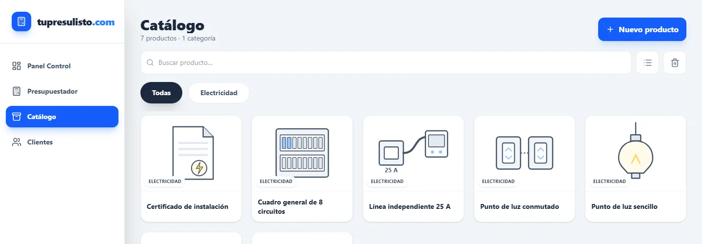 El catálogo de TuPresuListo con partidas de electricidad, cada una con su dibujo: certificado de instalación, cuadro general de 8 circuitos, línea independiente de 25 A, punto de luz conmutado y punto de luz sencillo.