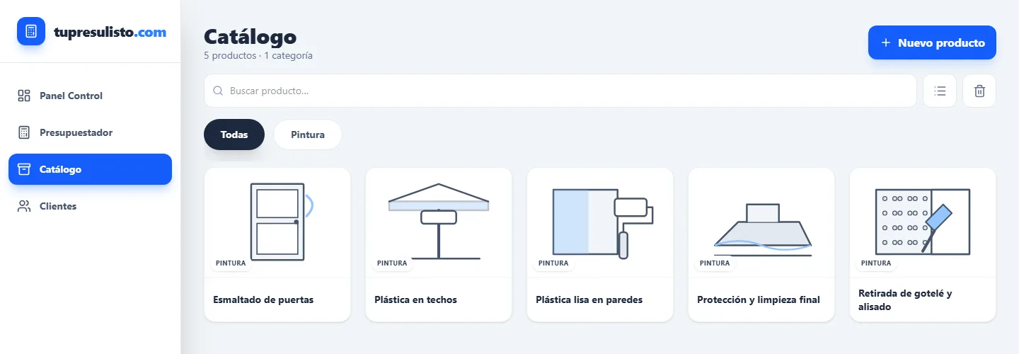 El catálogo de TuPresuListo con partidas de pintura, cada una con su dibujo: esmaltado de puertas, plástica en techos, plástica lisa en paredes, protección y limpieza final, y retirada de gotelé.