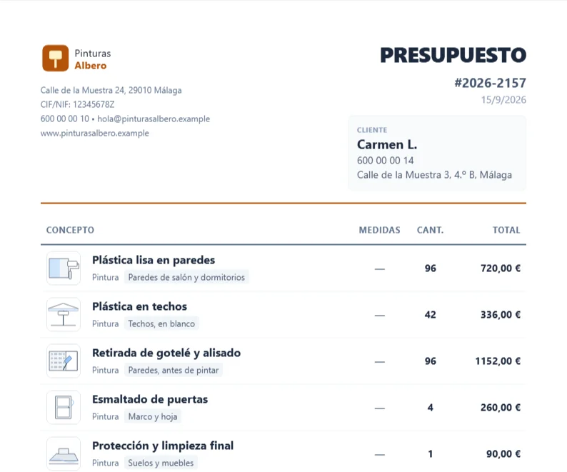 El presupuesto terminado: logo, CIF, dirección y teléfono de la empresa arriba; los datos del cliente al lado; y las cinco partidas con su dibujo, su cantidad y su importe.
