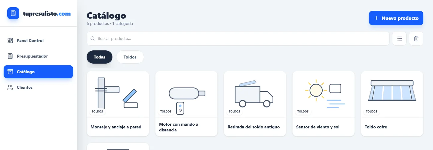 El catálogo de TuPresuListo con productos de toldos, cada uno con su dibujo: montaje y anclaje a pared, motor con mando a distancia, retirada del toldo antiguo, sensor de viento y sol, y toldo cofre.