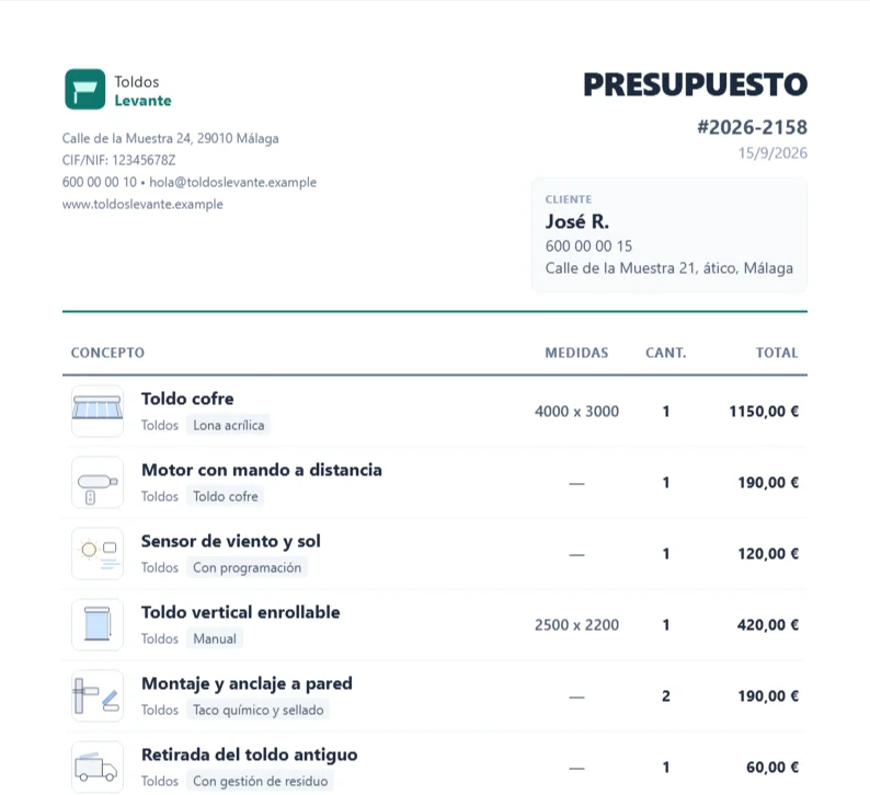 El presupuesto terminado: logo, CIF, dirección y teléfono de la empresa arriba; los datos del cliente al lado; y las seis líneas con su dibujo, sus medidas, su cantidad y su importe.