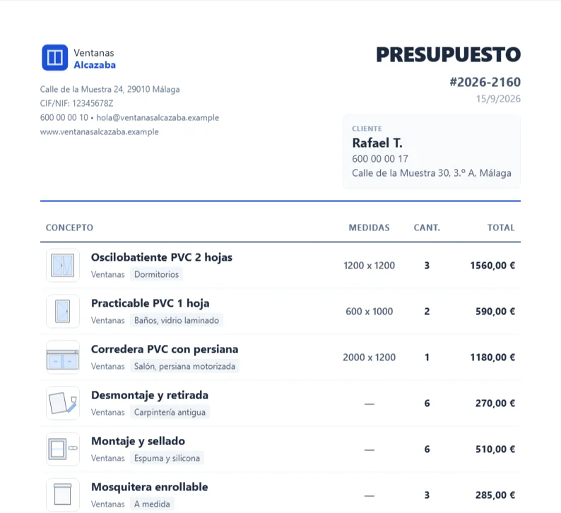 El presupuesto terminado: logo, CIF, dirección y teléfono de la empresa arriba; los datos del cliente al lado; y las seis líneas con su dibujo, sus medidas, su cantidad y su importe.